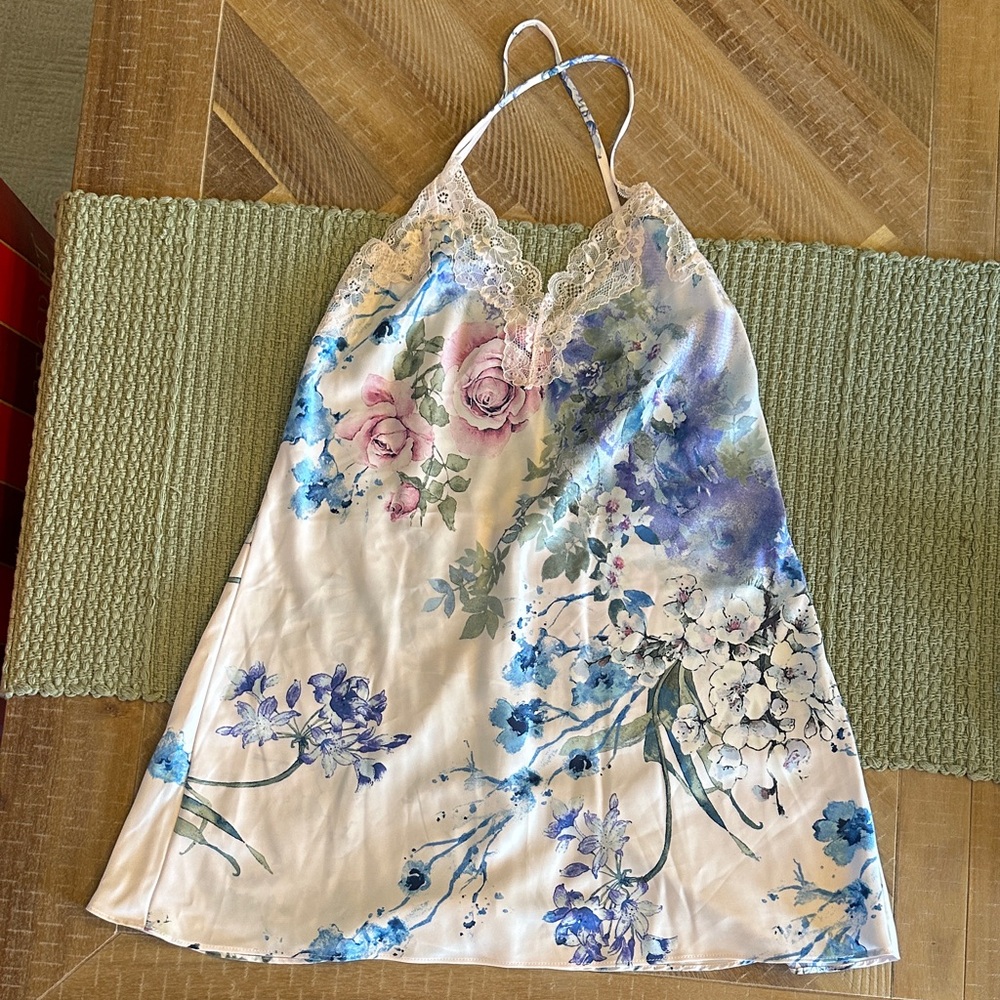 Elegant Floral Lace Slip in Blue and Pink